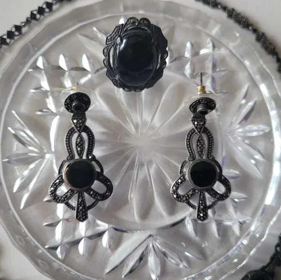 Edwardian Era Sterling Silver Jewelry Set with Necklace, Earrings, & Ring - Picture 5 of 5